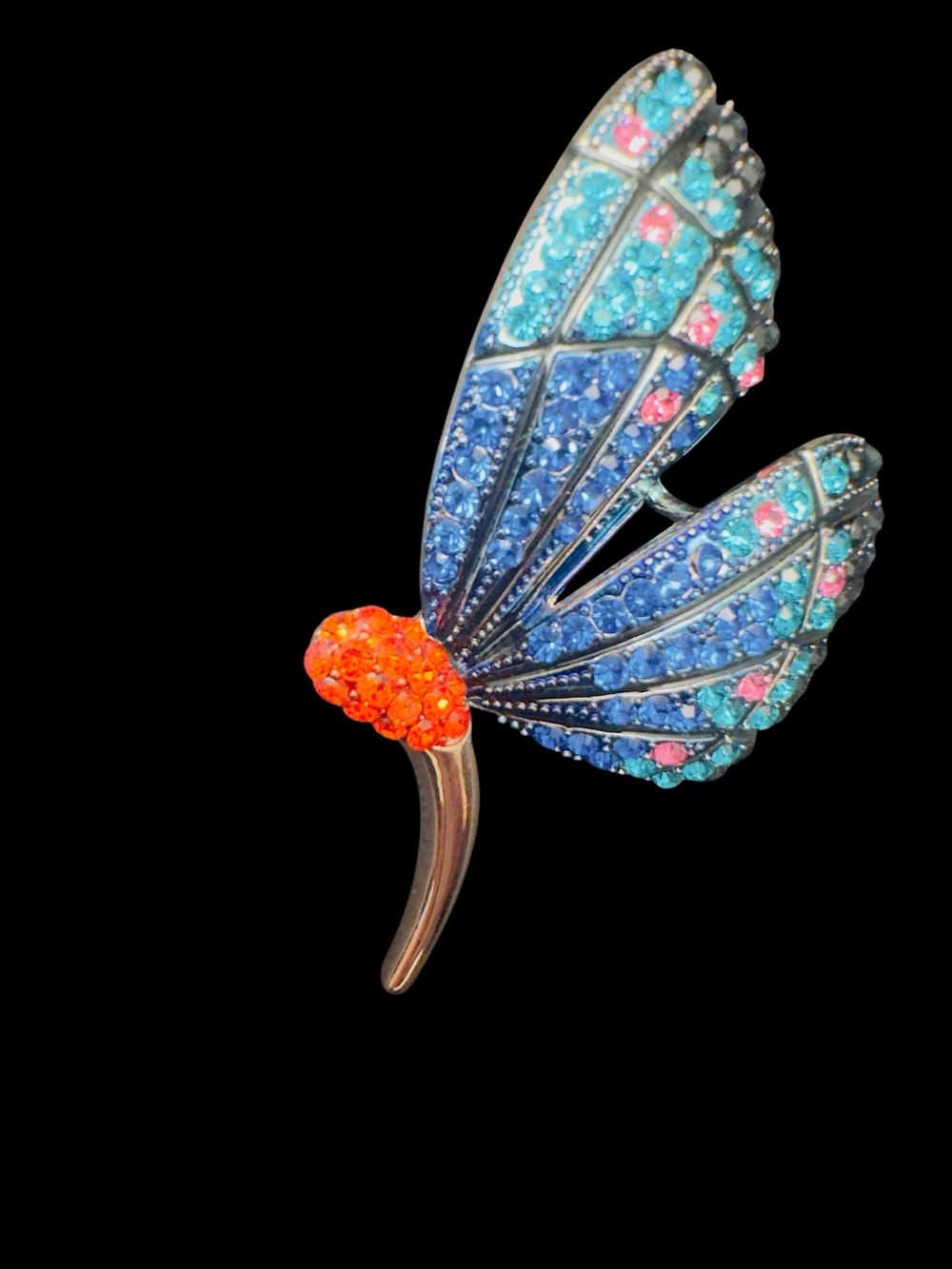 Crystal Butterfly Wing Brooch in Blue, Teal & Orange